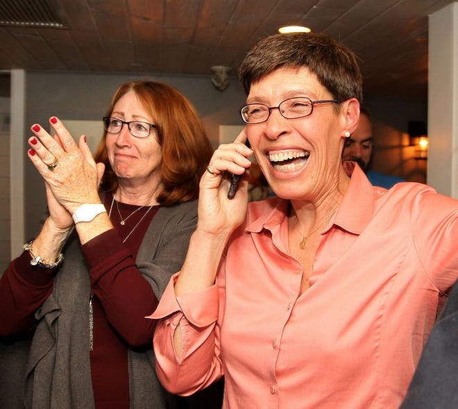 Former Hull selectman Joan Meschino, at left, got calls of congratulations for her Third Plymouth District win -- including one from Sen. Elizabeth Warren