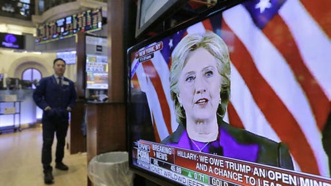 Democratic presidential candidate Hillary Clinton’s speech is seen on a television screen on the floor of the New York Stock Exchange in New York, Wednesday, Nov. 9, 2016. Stocks are moving solidly higher in midday trading on Wall Street following Donald Trump’s upset victory over Hillary Clinton in the U.S. presidential election. (AP Photo/Richard Drew)