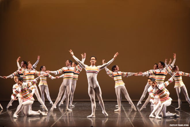 Principal dancer Ricardo Rhodes (center) and members of the Sarasota Ballet at the triumphal finish of Frederick Ashton’s “Sinfonietta.” PHOTO BY FRANK ATURA