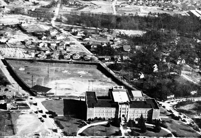 The old Gastonia High School stadium as it looked in 1946 for baseball season. In the fall of 1946, the stadium was the site of a football game between Belmont Abbey Junior College and Charlotte College (now UNC Charlotte) to end the first season of football for Charlotte. (Photo courtesy of millicanpictorialhistorymuseum.com)