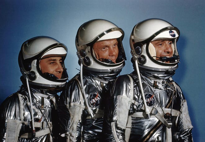 FILE - This May 1961 file photo shows astronauts, from left, Virgil I. Grissom, John Glenn and Alan Shepard. On Friday, Nov. 11, 2016, new exhibit called "Heroes and Legends" opened at the Kennedy Space Center in Florida. (AP Photo)