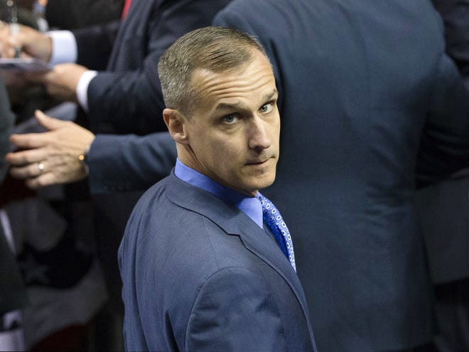 FILE - In this April 18, 2016 file photo, Corey Lewandowski, campaign manager for Republican presidential candidate Donald Trump, appears at a campaign stop at the First Niagara Center in Buffalo, N.Y. CNN says Lewandowski, who served a brief, stormy stint as CNN commentator after being fired as Donald Trump’s campaign manager, has resigned from the network. (AP Photo/John Minchillo, File)