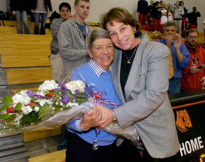 Sue Rivard, who died this weekend, in 2007 with Oliver Ames head girls' basketball coach Elaine Clement-Holbrook. Rivard worked at Oliver Ames as a teacher, coach, and assistant principal, for a total of 37 years.