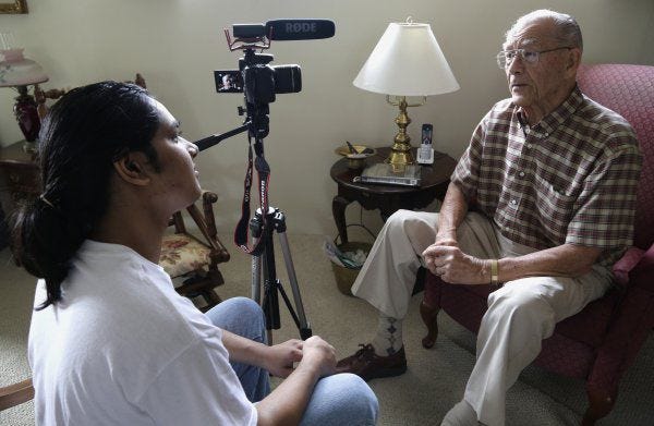 Rishi Sharma interviews World War II veteran William Hahn at his home in Los Angeles. Sharma's heroes aren't sports or movie stars, or any other kind of stars; they're the U.S. combat veterans who won World War II.