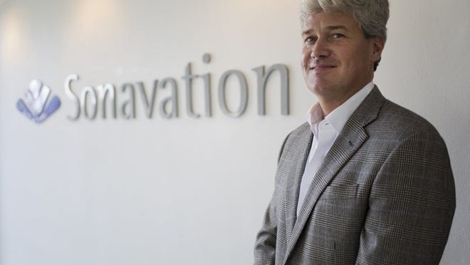 Sonavation CEO Karl Weintz outside of his office in Palm Beach Gardens. (Brianna Soukup / The Palm Beach Post)