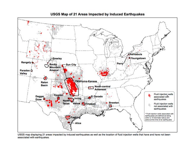 This U.S. Geological Survey Map shows areas affected by earthquakes from fracking. (U.S. Geologial Survey)