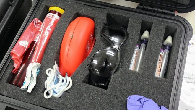 A kit that Delray Beach police officers use to administer naloxone via nasal spray to people who have overdosed on heroin. Damon Higgins / The Palm Beach Post