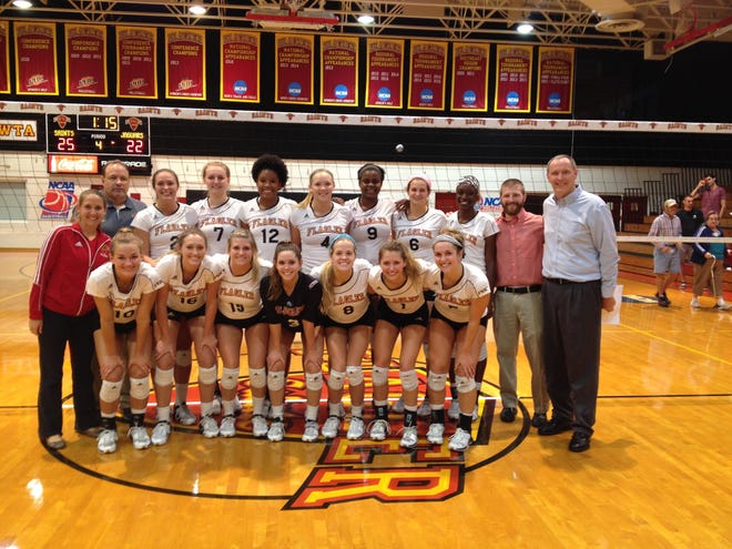 CONTRIBUTED The Flagler College volleyball team earned a share of the Peach Belt Conference regular season title after a 17-25, 25-22, 26-24, 25-22 victory over Augusta University on Sunday. The Saints (20-6, 16-2) share the spoils with USC Aiken (27-3, 16-2). Flagler will be the top seed in the Peach Belt Conference tournament, which begins Friday in Milledgeville, Georgia.