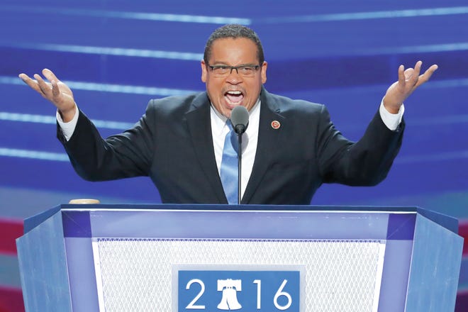 FILE - In this July 25, 2016, file photo, Rep. Keith Ellison, D-Minn., speaks during the first day of the Democratic National Convention in Philadelphia. Ellison, a prominent progressive and the first Muslim elected to Congress, has emerged as an early contender to become chair of the Democratic National Committee, backed by much of the party’s liberal wing. (AP Photo/J. Scott Applewhite, File)