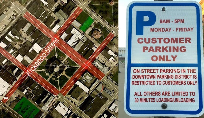 The downtown streets highlighted in red on this map are included in Lincoln's new customer parking ordinance. At right, one of the new signs that explains the ordinance to visitors. Photo by The Courier.