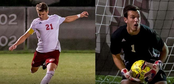 Flagler's Jackie Kay (left) and Lex Craggs were selected to the All-Peach Belt Conference Men’s Soccer first-team. (Courtesy of Flagler sports information)