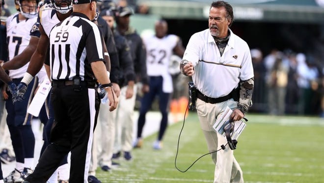 Los Angeles coach Jeff Fisher reacts during last week’s game against the Jets. (Photo by Al Bello/Getty Images)