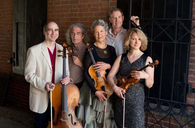 Aurea performs a nature-theme show on Saturday at Brown University's Granoff Center in Providence. From left: Emmanuel Feldman, Chris Turner, Consuelo Sherba, Nigel Gore, and Katherine Winterstein. Peter Goldberg