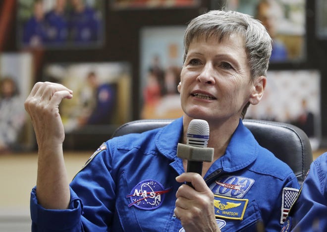 U.S. astronaut Peggy Whitson a member of the main crew to the International Space Station (ISS), speaks during a news conference in Russian leased Baikonur cosmodrome, Kazakhstan, Wednesday, Nov. 16, 2016. The start of the new Soyuz mission to the International Space Station (ISS) is scheduled on early Friday, Nov. 18 local time. (AP Photo/Dmitri Lovetsky)