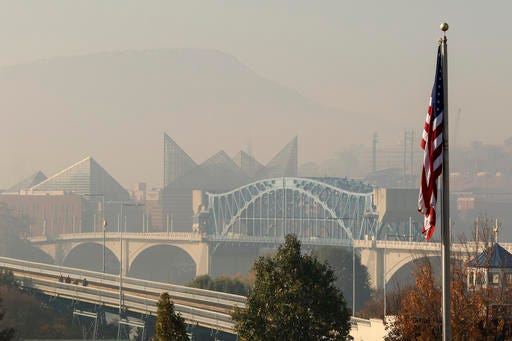 In this Wednesday photo, smoke from wildfires fill downtown Chattanooga, Tenn., and the Tennessee Valley with a pungent haze as seen from the North Shore area of Chattanooga. 
Dan Henry/Chattanooga Times Free Press via AP