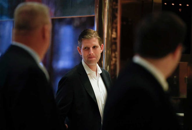 Eric Trump, son of President-elect Donald Trump, arrives at Trump Tower, Wednesday, Nov. 16, 2016, in New York. (AP Photo/Carolyn Kaster)