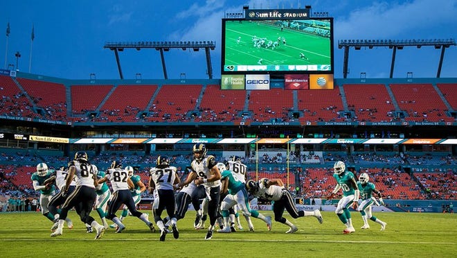 The stadium was fairly empty for the final pre season game against St. Louis at Sun Life Stadium in Miami Gardens, Florida on August 28, 2014. (Allen Eyestone / The Palm Beach Post)