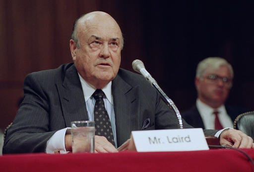 Former Defense Secretary Melvin R. Laird testifies on Capitol Hill in Washington in 1992. Laird, Defense Secretary under Richard Nixon who helped engineer withdrawal of U.S. troops from Vietnam, has died.