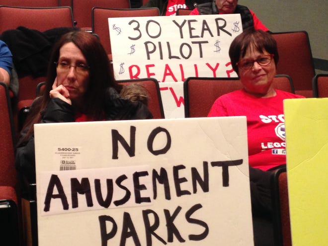 Legoland protesters voice their opinions at a Town of Goshen Planning Board meeting on Thursday. The board voted that Legoland’s draft environmental impact statement for the proposed theme park is adequate for public and agency review.  Richard J. Bayne/Times Herald-Record