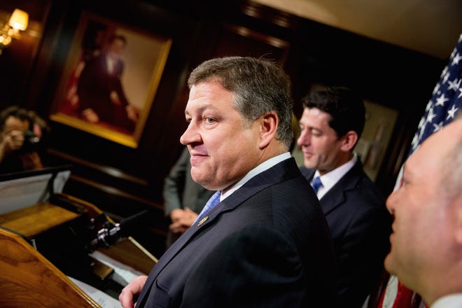 FILE - In this Nov. 3, 2015 file photo, House Transportation and Infrastructure Committee Chairman Rep. Bill Shuster, R-Pa. speaks during a news conference on Capitol Hill in Washington. Shuster says Donald Trump has told him that he likes the idea of spinning off air traffic control operations from the government and placing them under the control of a private, non-profit corporation chartered by Congress. (AP Photo/Andrew Harnik, File)