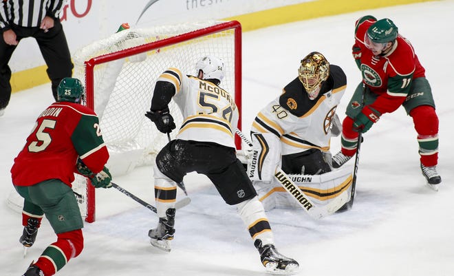 The lone goal in the Bruins 1-0 loss to the Wild on Thursday came in the final period as the puck deflected off of Boston defensman Adam McQuaid. AP Photo/Paul Battaglia