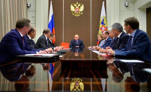 Russian President Vladimir Putin chairs a Security Council meeting in the Bocharov Ruchei residence in Sochi, Russia, Thursday, Nov. 17, 2016. (Alexei Druzhinin/Sputnik, Kremlin Pool Photo via AP)