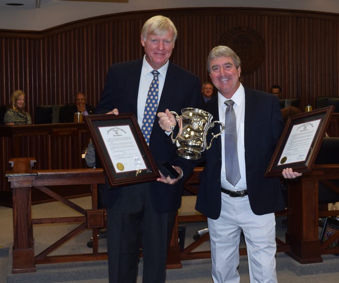 Savannah golfers Gene Sauers and Jack Hall were recognized by the Chatham County Commission on Friday. Elmo Weeks/For the Savannah Morning News