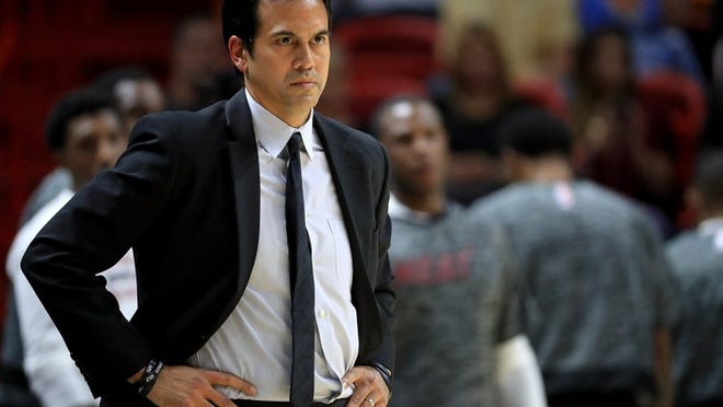 MIAMI, FL - OCTOBER 21: Head coach Erik Spoelstra of the Miami Heat looks on during a preseason game against the Philadelphia 76ers at American Airlines Arena on October 21, 2016 in Miami, Florida. (Photo by Mike Ehrmann/Getty Images)