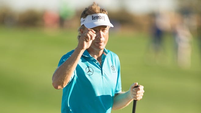 SCOTTSDALE, AZ - NOVEMBER 13: Bernhard Langer of Germany reacts to a par saving putt at the sixteenth hole during the final round of the Charles Schwab Cup Championship on the Cochise Course at Desert Mountain on November 13, 2016 in Scottsdale, Arizona. (Photo by Darren Carroll/Getty Images)
