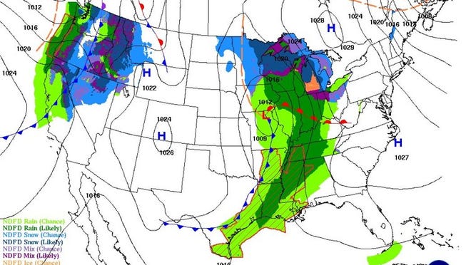 Surface map valid Wednesday, 8 a.m. EST.