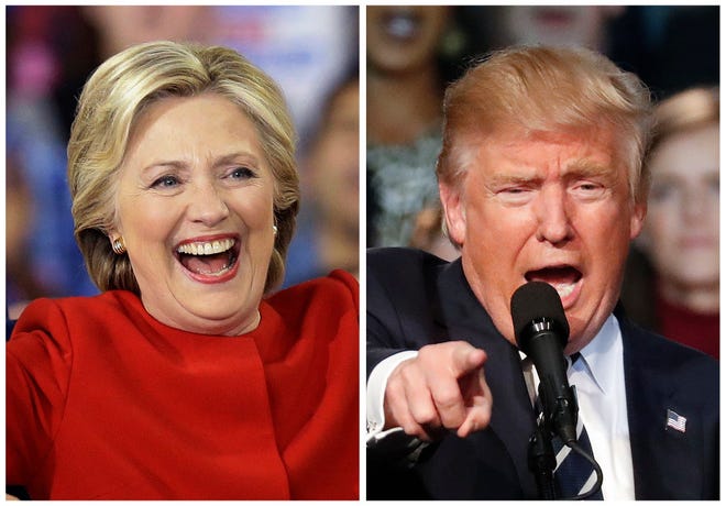 This combination of photos taken at late-night campaign rallies shortly after midnight on Tuesday, Nov. 8, 2016, shows Democratic presidential candidate Hillary Clinton in Raleigh, N.C., and Republican presidential candidate Donald Trump in Grand Rapids, Mich.