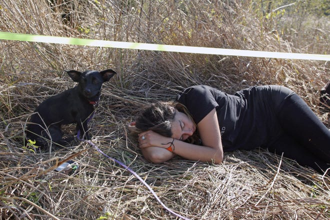 Kima Bennett takes a siesta off the side of highway 61, where protestors have chained themselves underneath an RV blocking the entrance to a DAPL construction site just outside of Montrose, IA.