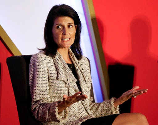 In this Nov. 15 photo, South Carolina Gov. Nikki Haley speaks in Orlando, Fla. President-elect Donald Trump says he intends to nominate Haley to be the next U.S. ambassador to the United Nations. 
AP Photo/John Raoux, File
