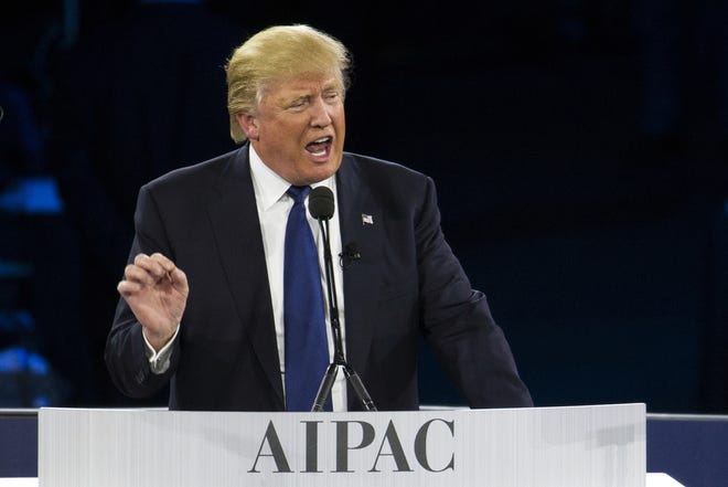 Donald Trump addresses the 2016 American Israel Public Affairs Committee (AIPAC) Policy Conference in Washington in March. AP files/Evan Vucci