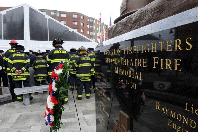 Strand Theatre firefighters memorial on March 10, 2016, at Brockton City Hall Plaza to mark the 75th anniversary of The Strand Theatre fire, which took the lives of 13 firefighters in the city.