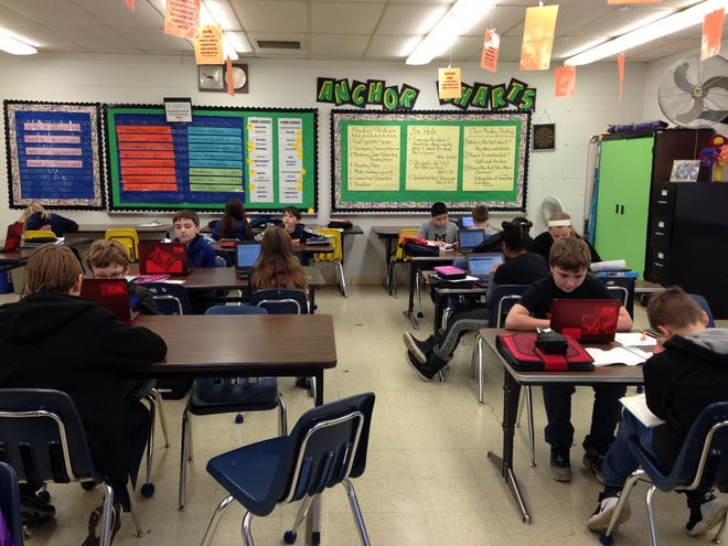 Debbie Vogel's sixth-grade students at Bedford Junior High School using Chromebooks during a recent assignment. (Monroe News photo by PAULA WETHINGTON)