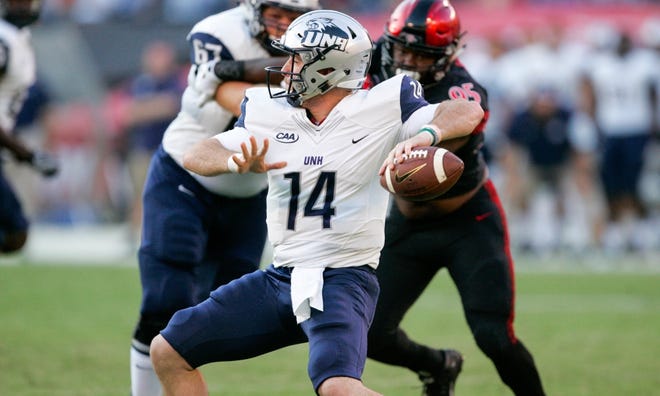 New Hampshire senior quarterback Adam Riese, pictured here during the first half of this year's season-opener against San Diego State at Qualcomm Stadium, is expected to start for the Wildcats in today's first-round playoff game against Lehigh. Photo by Kent Horner/Getty Images