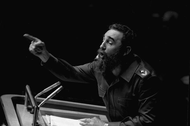 In this Oct. 12, 1979, file photo, Cuban President, Fidel Castro makes a lengthy speech before the United Nations General Assembly
