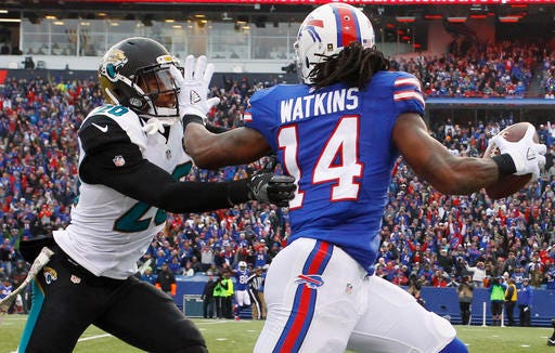 Buffalo Bills wide receiver Sammy Watkins (14) stiff-arms Jacksonville Jaguars' Jalen Ramsey (20) during the second half of an NFL football game, Sunday, Nov. 27, 2016, in Orchard Park, N.Y. (AP Photo/Bill Wippert)