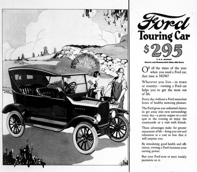 An advertisement for the 1908 Ford Model T. Ford receives credit as the first mass producer of automobiles in 1908 when some 2,000 companies built horseless carriages in America. (Photo compliments Ford Motor Company)