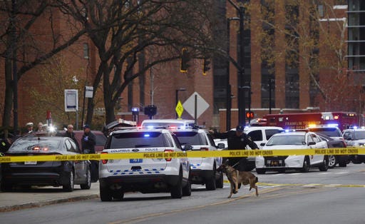 Police respond to reports of an active shooter on campus at Ohio State University on Monday, Nov. 28, 2016, in Columbus, Ohio. (Tom Dodge/The Columbus Dispatch via AP)