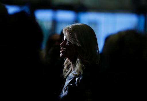 President-elect Donald Trump's campaign manager Kellyanne Conway speaks to media in the lobby of Trump Tower, Monday, Nov. 21, 2016 in New York. (AP Photo/Carolyn Kaster)