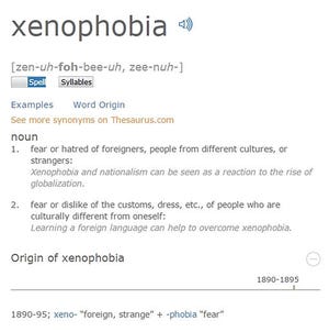 This screen image released by Dictionary.com shows the definition of xenophobia, named as word of the year. Searches for xenophobia on the site increased by 938 percent from June 22 to June 24, Solomon said. Lookups spiked again that month after President Obama's June 29 speech in which he insisted that Donald Trump's campaign rhetoric was not a measure of "populism," but rather "nativism, or xenophobia, or worse." (Dictionary.com via AP)