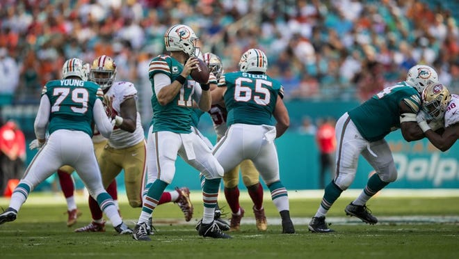 Miami Dolphins quarterback Ryan Tannehill (17), is protected by his offensive line against the San Francisco 49ers during NFL game Sunday November 27, 2016 at Hard Rock Stadium in Miami Gardens. (Bill Ingram / The Palm Beach Post)