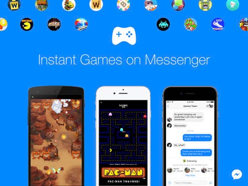 This image provided by Facebook shows a demonstration of Facebook's new option to play games with contacts on Facebook Messenger. Beginning Tuesday, Nov. 29, 2016, the feature can be accessed in the latest version of the messaging app by tapping a game controller icon. Games available include classics such as "Pac-Man," "Space Invaders" and "Galaga," as well as newer titles.