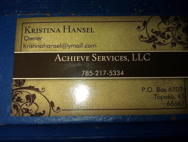 A photo from the Facebook page of Kristina Hansel shows a business card for Achieve Services LLC. (Facebook)