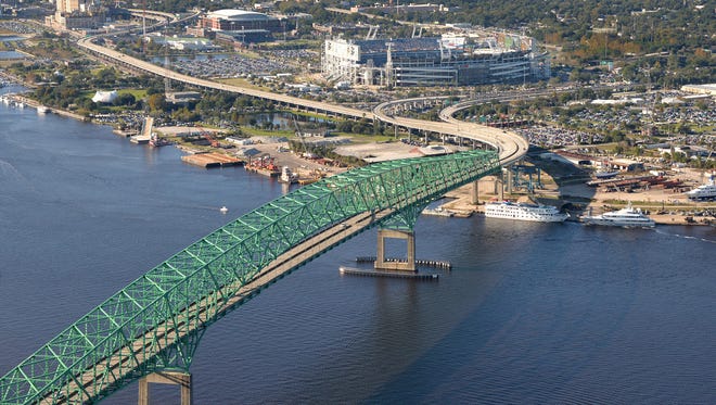 Ramps for the Hart Bridge run near EverBank Field and across land slated for development by the city and the Jacksonville Jaguars. (Bruce Lipsky/Florida Times-Union)