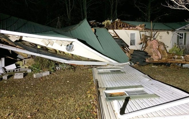 This Tuesday, Nov. 29, 2016 photo shows storm damage in the Arley area of Winston County, Ala. A suspected tornado killed multiple people in Alabama as a line of severe storms moved across the South overnight, authorities said. (Bill Castle/abc3340.com via AP)