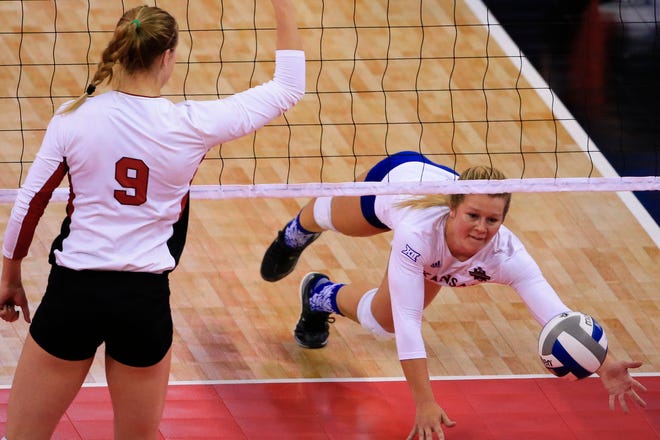 Kansas volleyball senior Cassie Wait, right, and the No. 5-seeded Jayhawks will host Samford in the opening round of the NCAA Tournament at 6:30 p.m. Thursday at Horejsi Family Athletics Center in Lawrence. (2015 file photograph/The Associated Press)