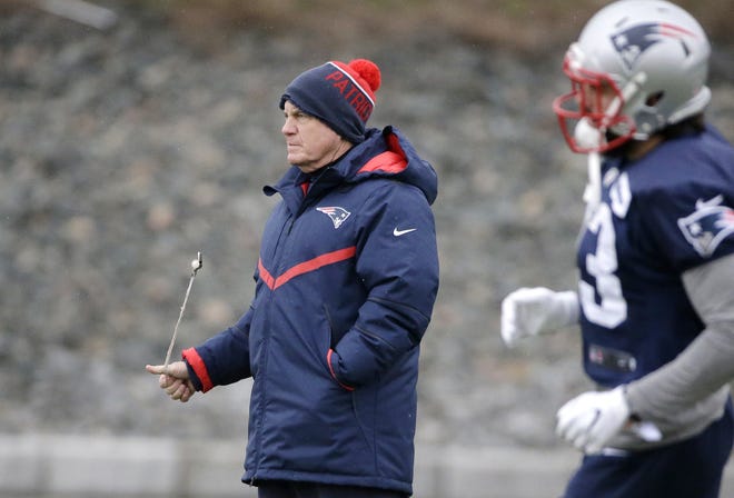 Patriots coach Bill Belichick presides over practice on Wednesday at Gillette Stadium. The Associated Press
